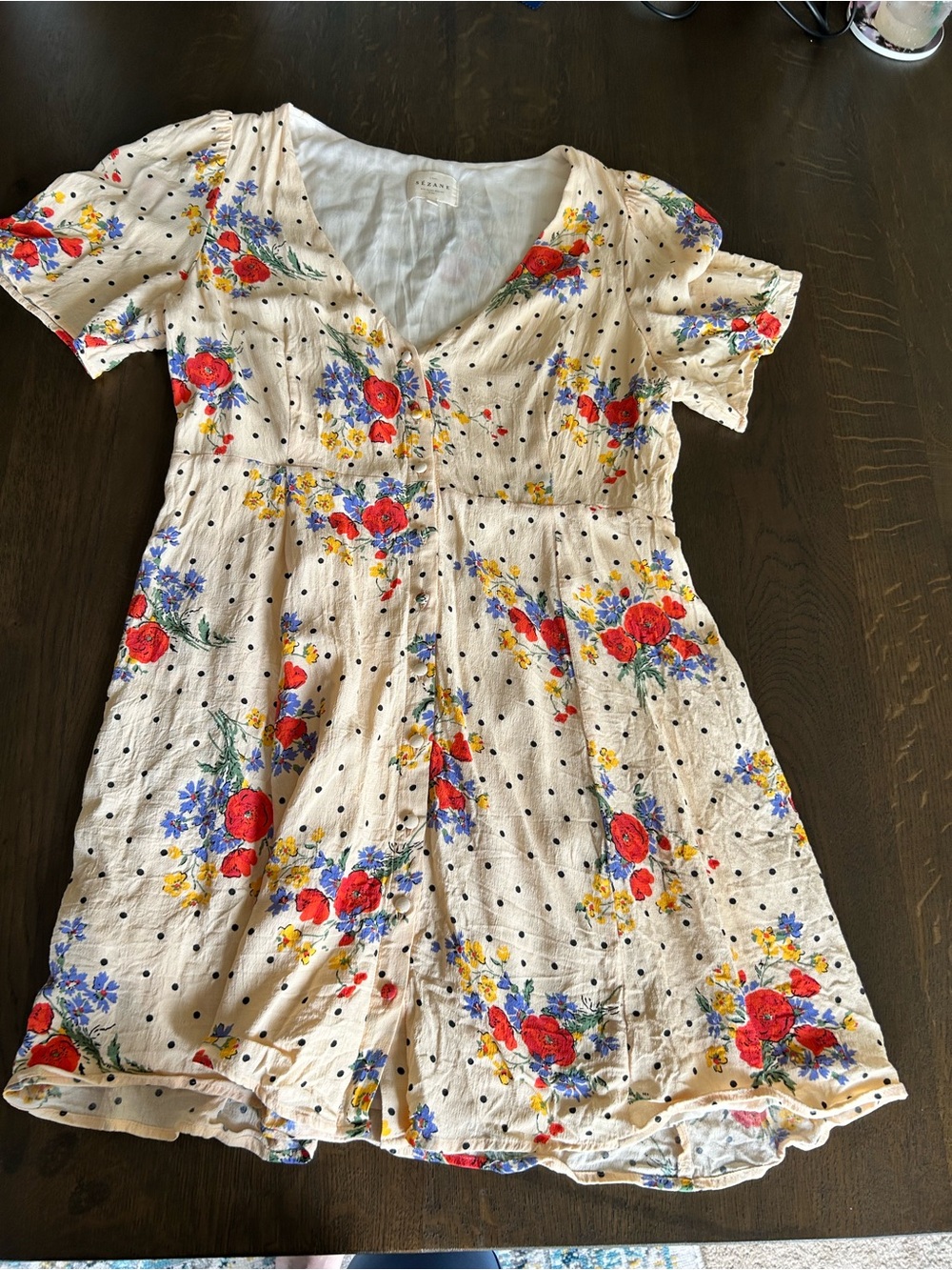 Sezane Lilly dress in poppy print floral mini dress button down short sleeve - Picture 10 of 16
